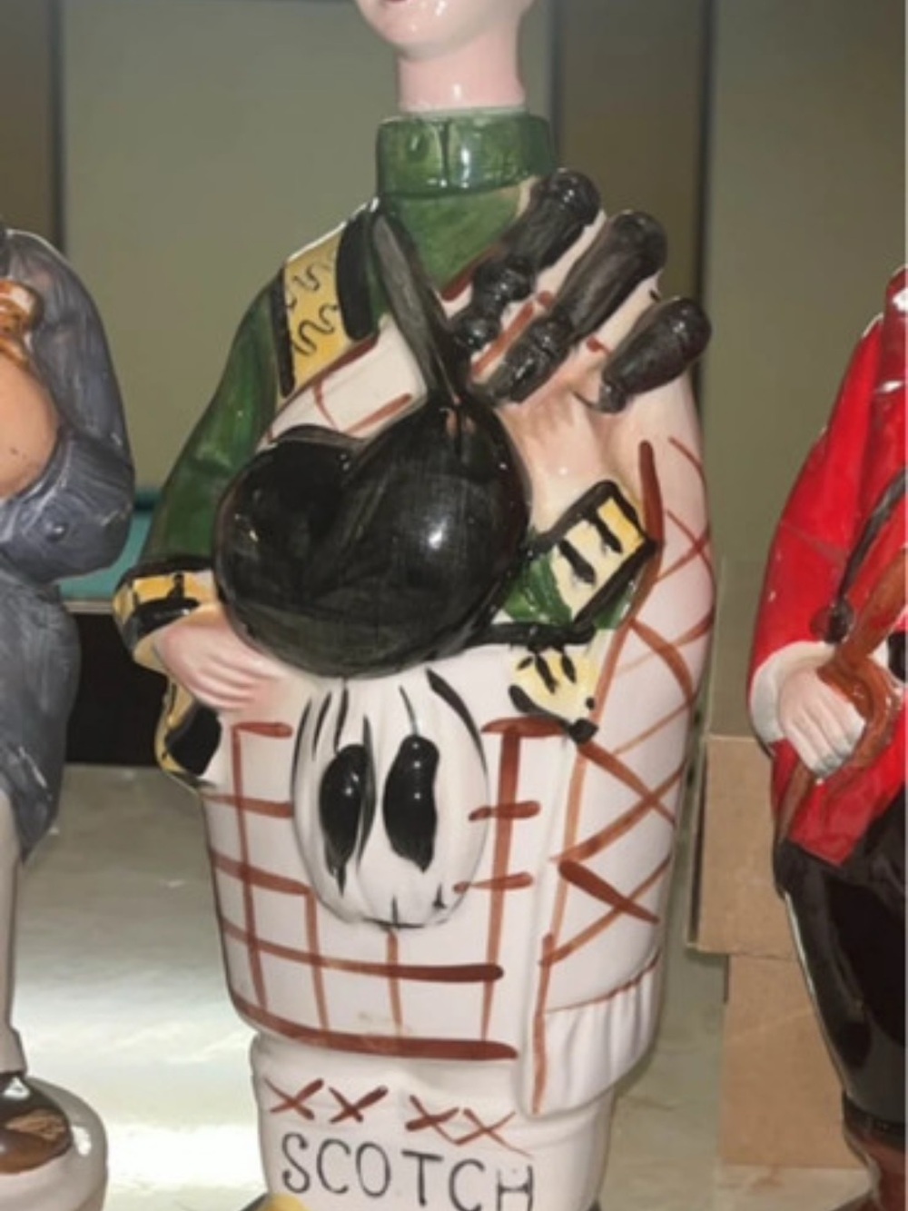 Hand-Painted Ceramic Scotch Figurine Decanter — Black, Green & White